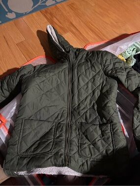 Womens Olive Green Quilted Hooded Jacket- Old Navy